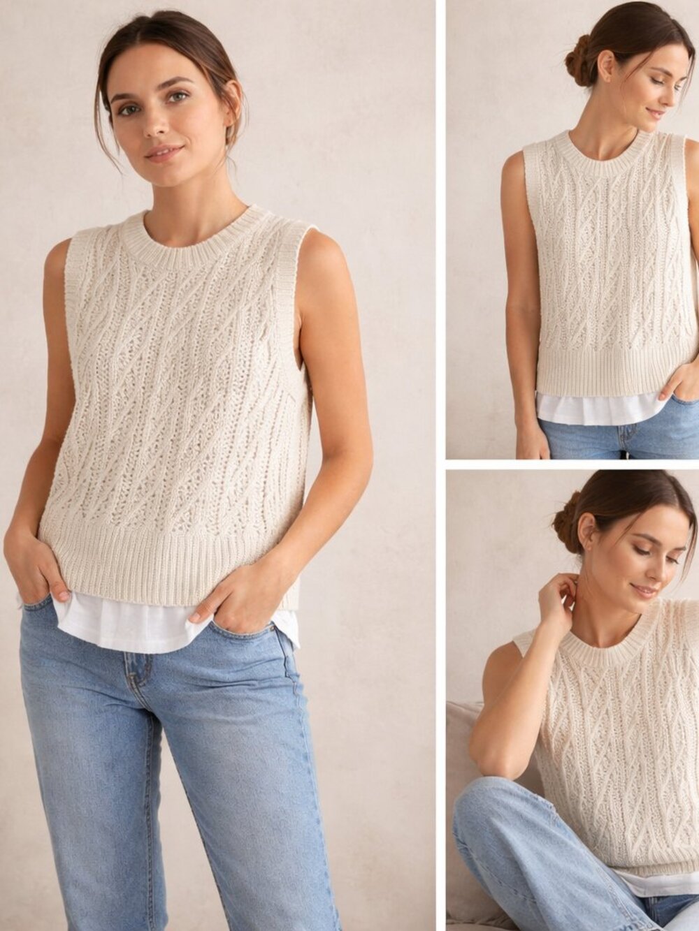 Brochu Walker Sleeveless Cable Knit Sweater Vest Ivory Size M Layered Look